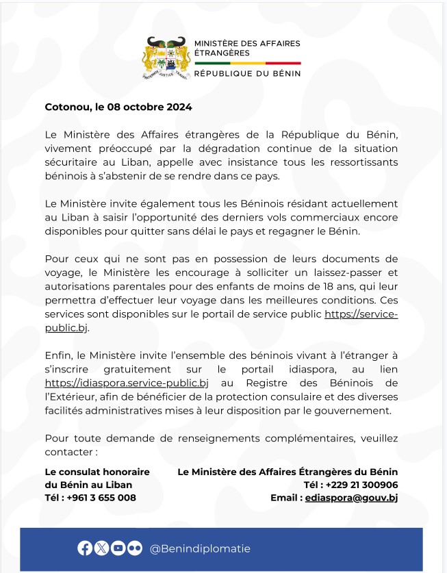 Guerre au Proche-Orient : Le Bénin appelle ses ressortissants à quitter Beyrouth