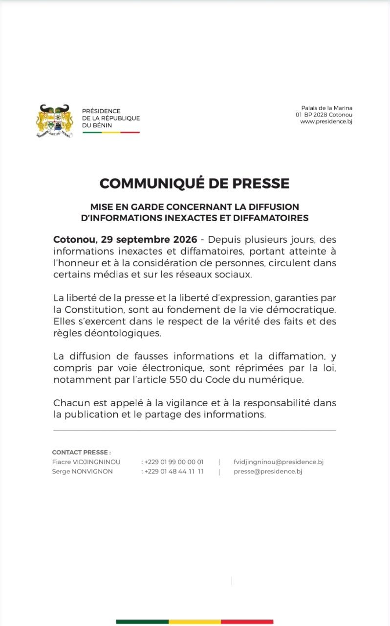 Bénin : la Présidence met en garde contre les informations inexactes et diffamatoires